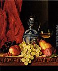 Edward Ladell Still Life With Grapes, A Peach, Plums And A Pear On A Table With A Wine Glass And A Flask painting
